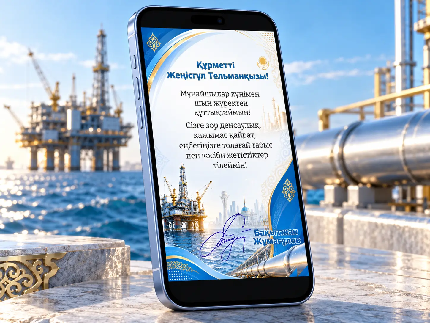 Бело-голубая открытка на День работников нефтегазового комплекса 2026 на экране iPhone 17, морская платформа и трубопровод.