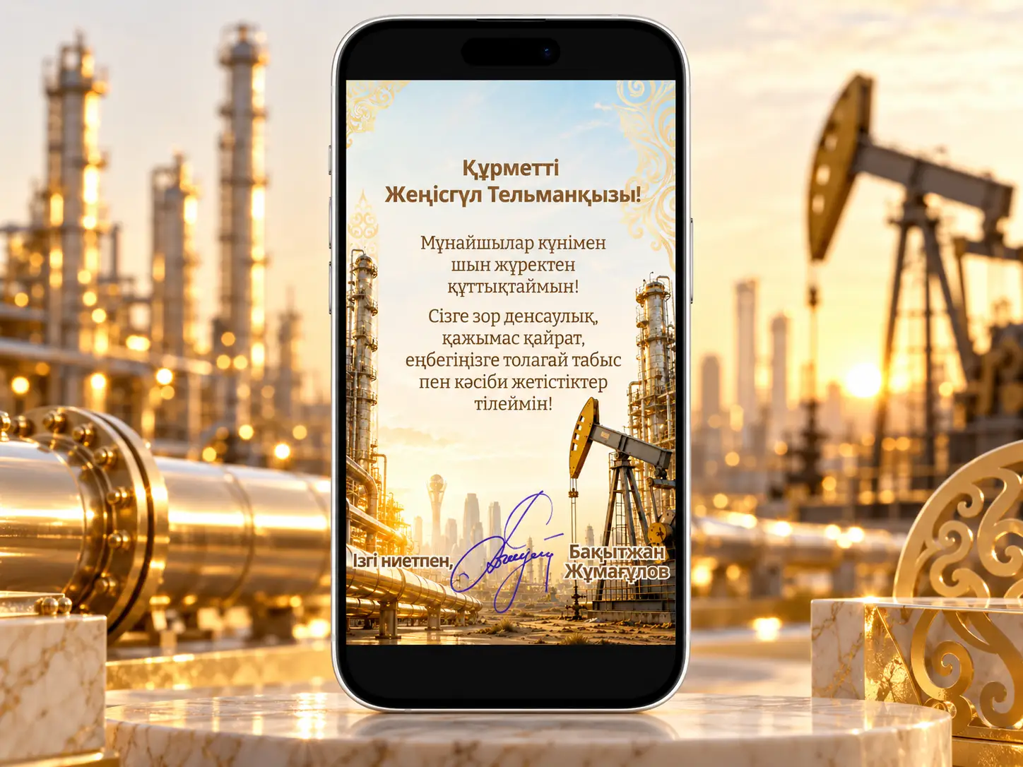 Кремово-золотая открытка на экране белого iPhone 17, нефтеперерабатывающие установки и станок-качалка.