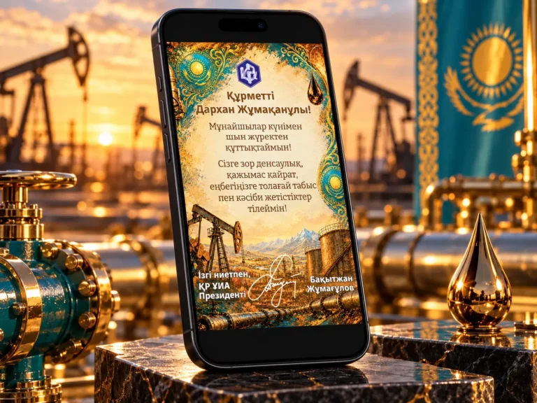 Поздравительная открытка с бирюзово-золотыми орнаментами на экране чёрного iPhone 17, нефтяные станки на закате.