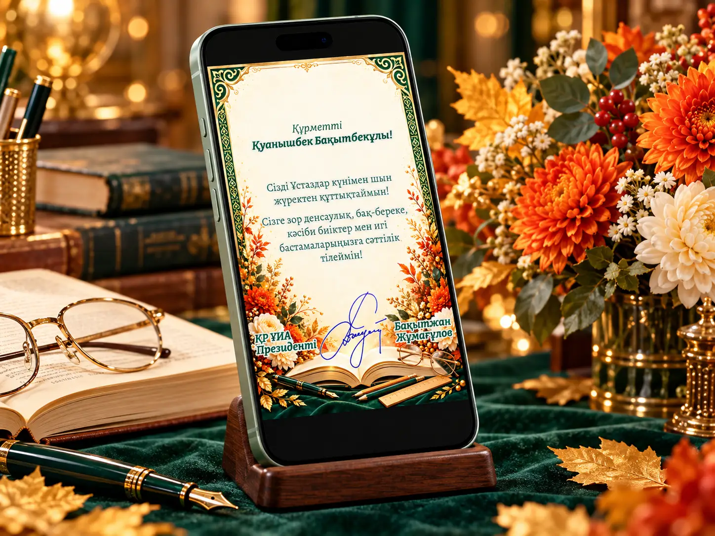 Открытка с изумрудным орнаментом на экране iPhone 17, раскрытая книга и осенние цветы.