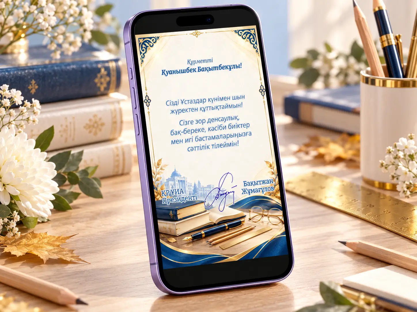 Светлая открытка с синими орнаментами на экране лавандового iPhone 17, книги и письменные принадлежности.